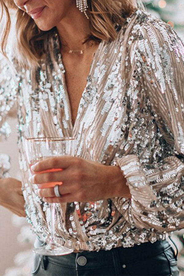 Sequin Wrap Blouse - Long Sleeve Deep V Neck