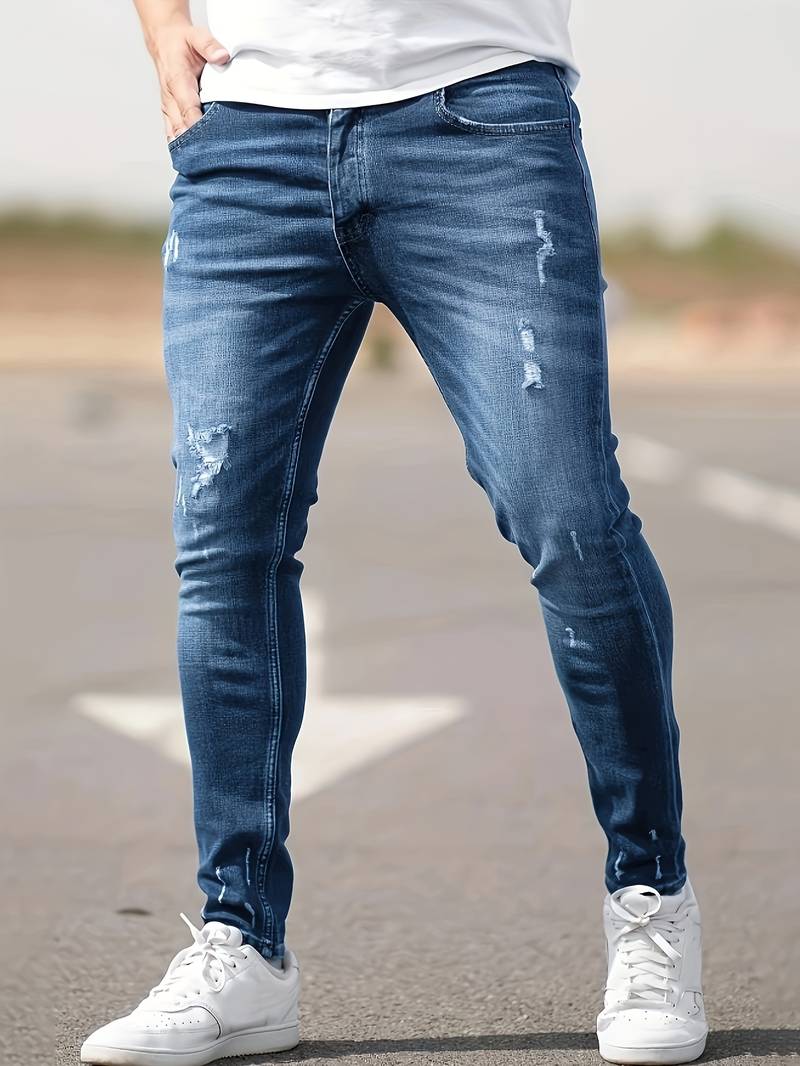 Slim Fit Jeans - Distressed Streetwear Style