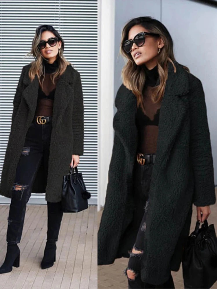 Long Teddy Coat - Open Front with Relaxed Fit