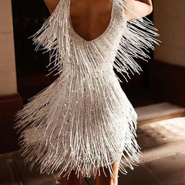 Party Mini Dress - Fringe Detail with V Neck