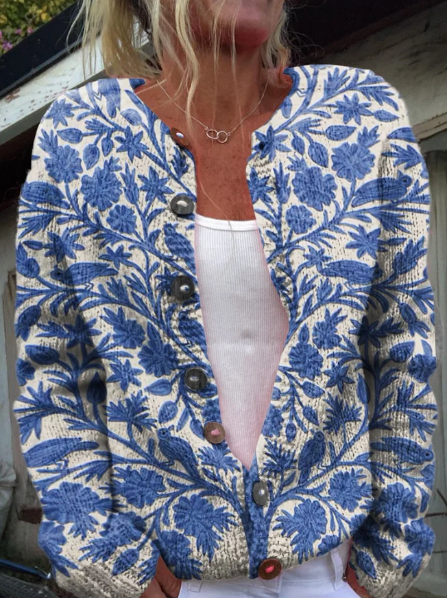 Button Knit Cardigan - Floral Pattern