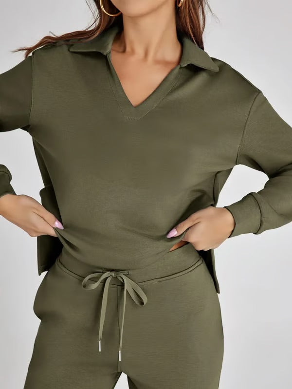 Loungewear Set - V Neck Top with Wide Leg Trousers