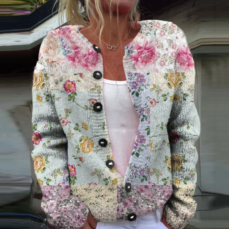 Button Knit Cardigan - Floral Pattern