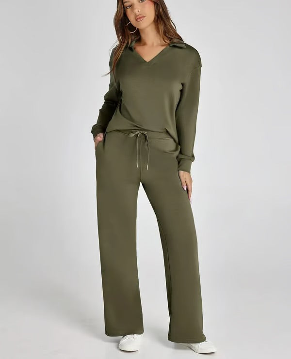 Loungewear Set - V Neck Top with Wide Leg Trousers