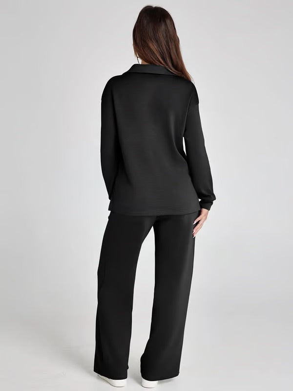 Loungewear Set - V Neck Top with Wide Leg Trousers