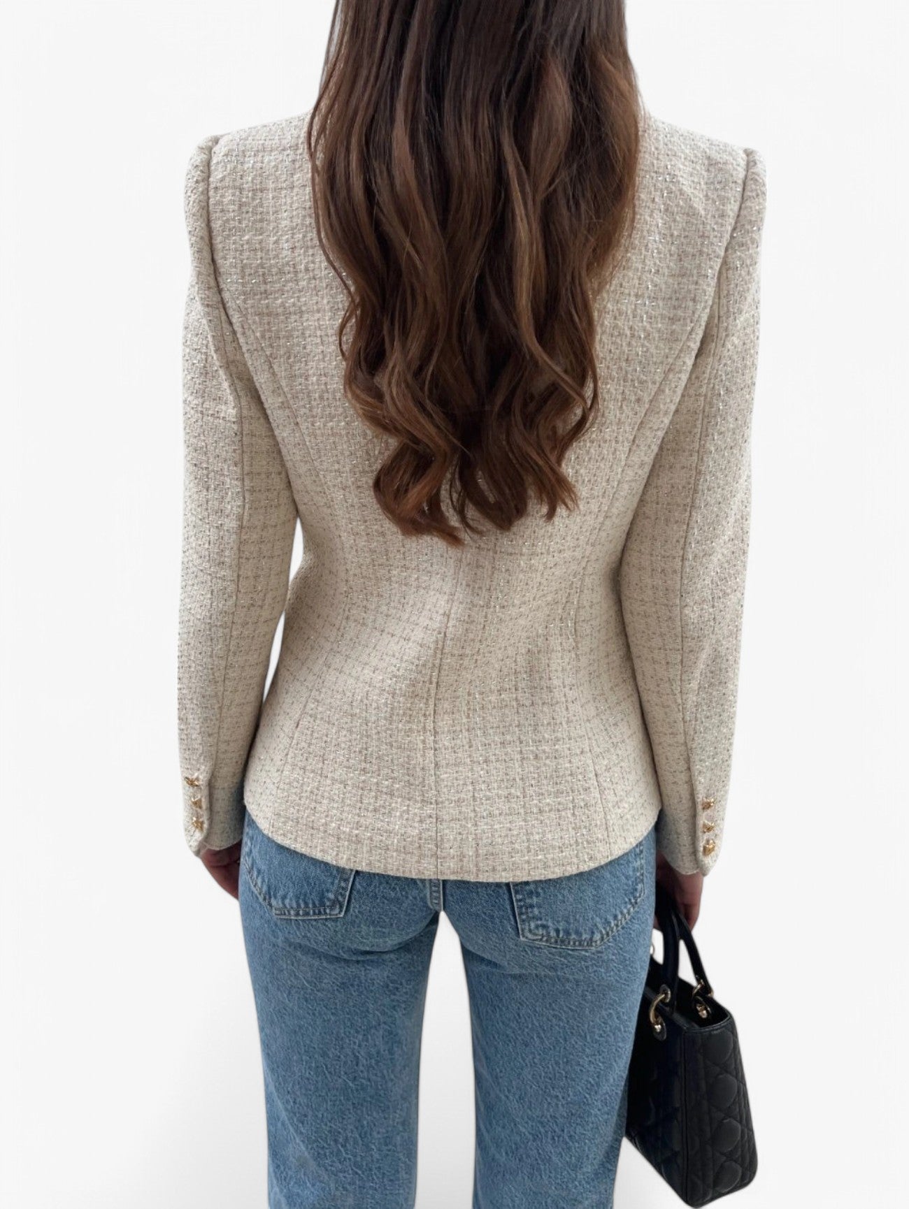 Women's Elegant Textured Tweed Fitted Blazer Jacket with Gold Buttons