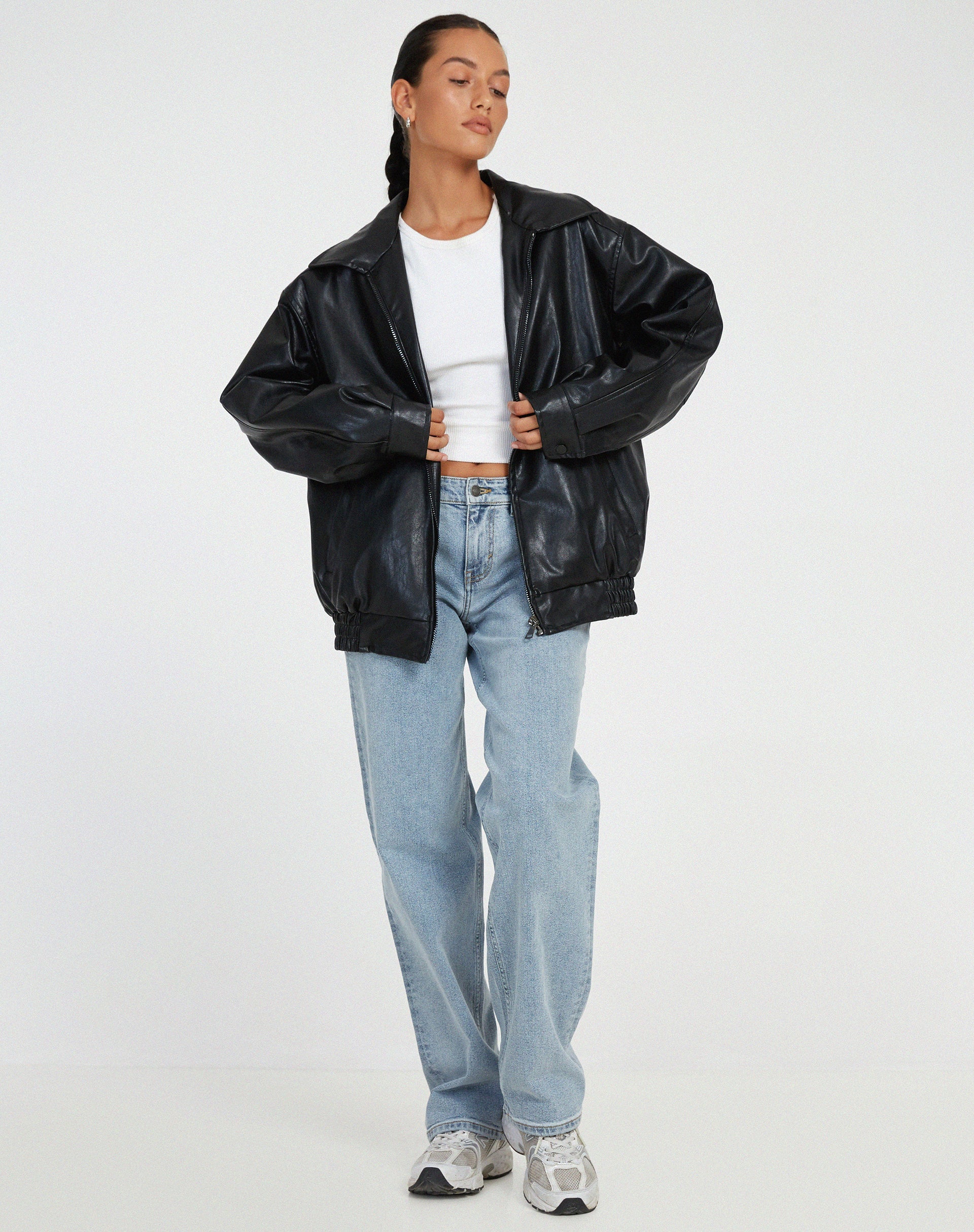 Oversized Bomber Jacket - Zip Front with Wide Collar