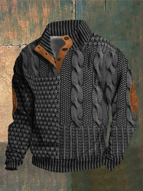 Patterned Quarter Zip Knit Sweater | Button Collar with Textured Design