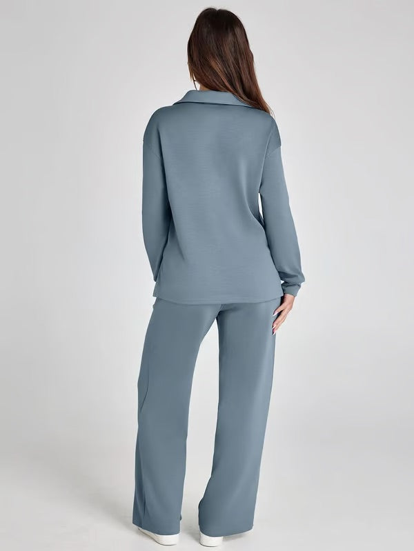 Loungewear Set - V Neck Top with Wide Leg Trousers