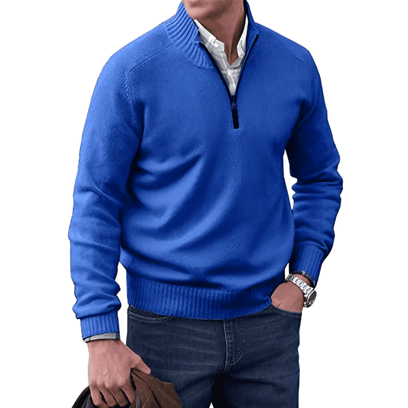 Quarter Zip Sweater - Ribbed Collar and Long Sleeve Design