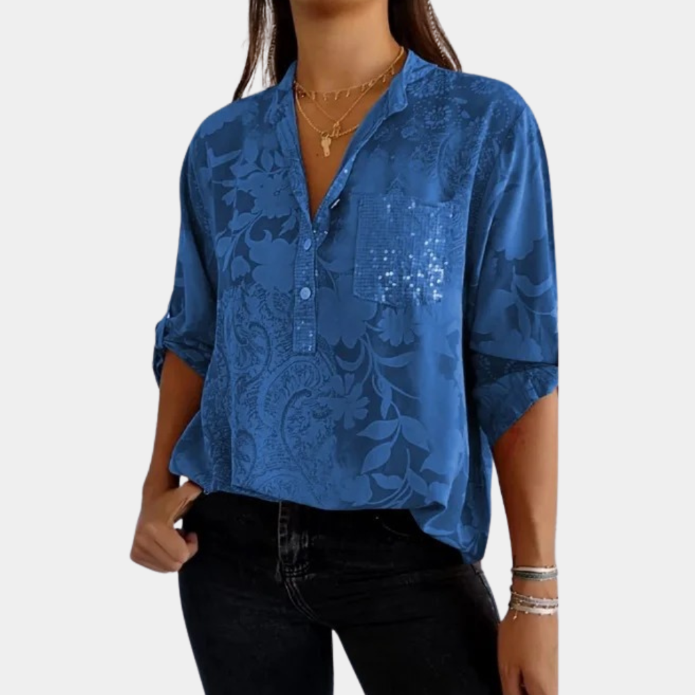 Long Sleeve Blouse - V Neck with Chest Pocket Detail
