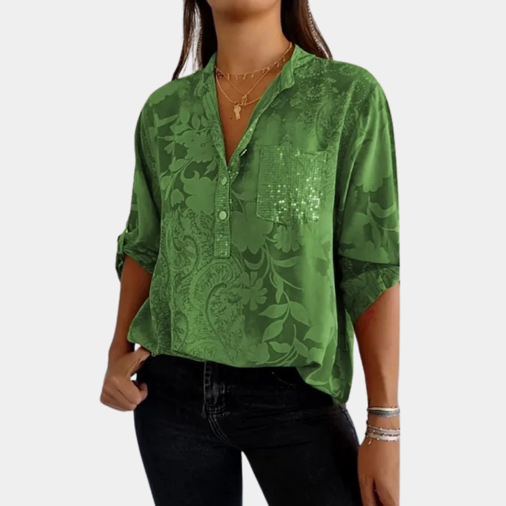 Long Sleeve Blouse - V Neck with Chest Pocket Detail
