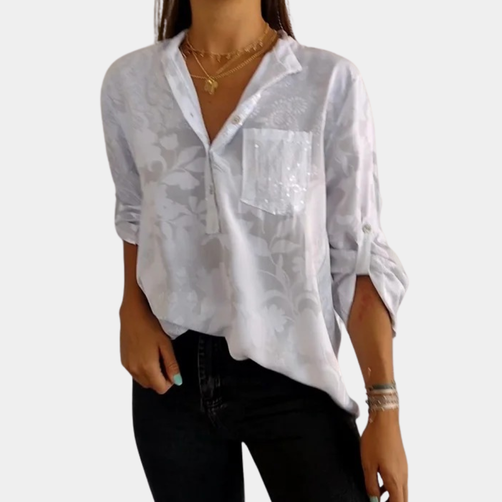 Long Sleeve Blouse - V Neck with Chest Pocket Detail