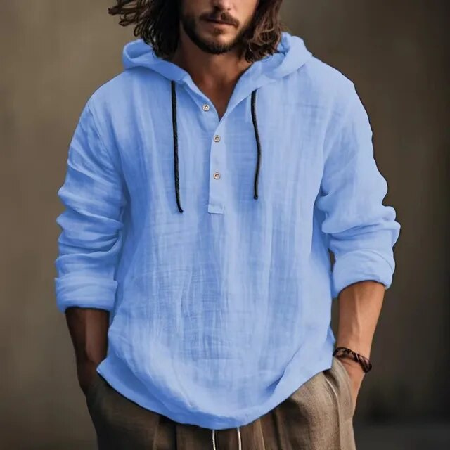 Long Sleeve Hoodie Shirt - Pullover with Button Neckline