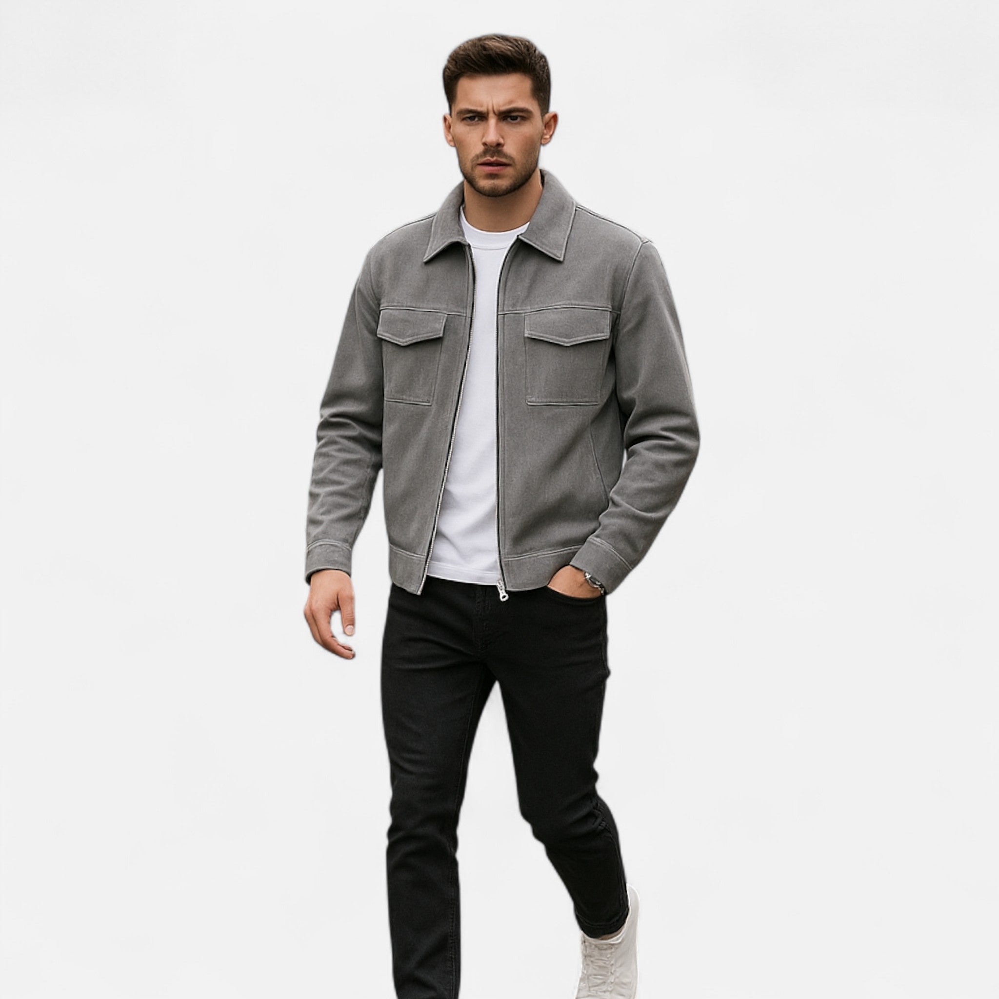 Men’s Trucker Jacket | Zip Front Casual Jacket With Chest Pockets