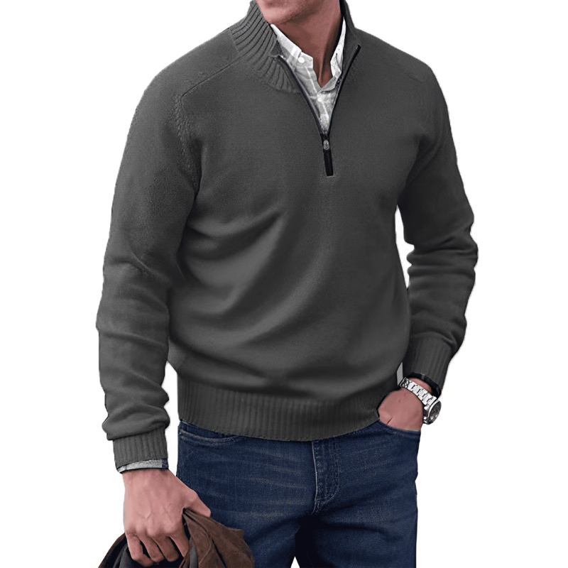 Quarter Zip Sweater - Ribbed Collar and Long Sleeve Design