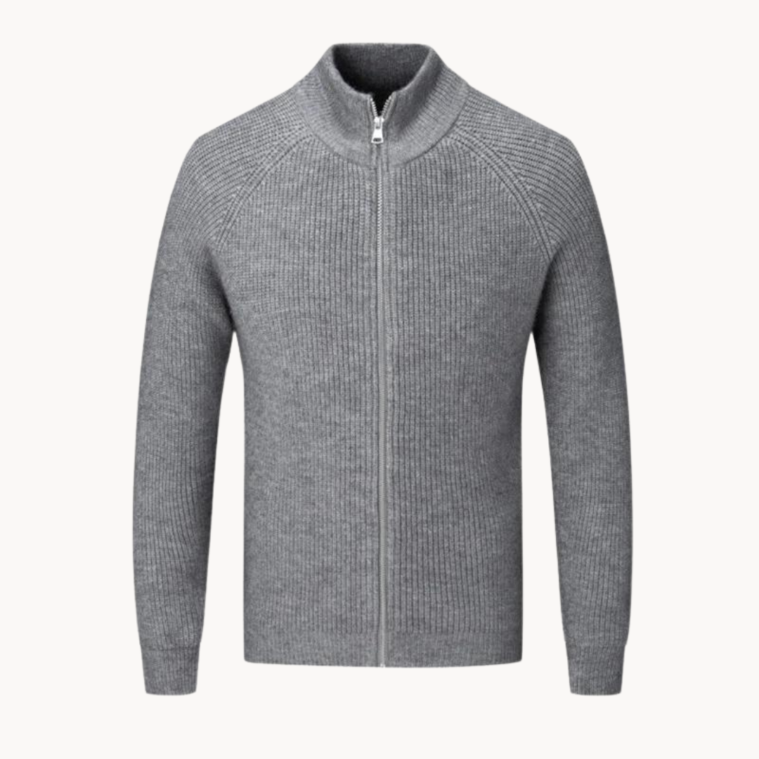 Full Zip Knit Jacket - Ribbed Texture High Collar