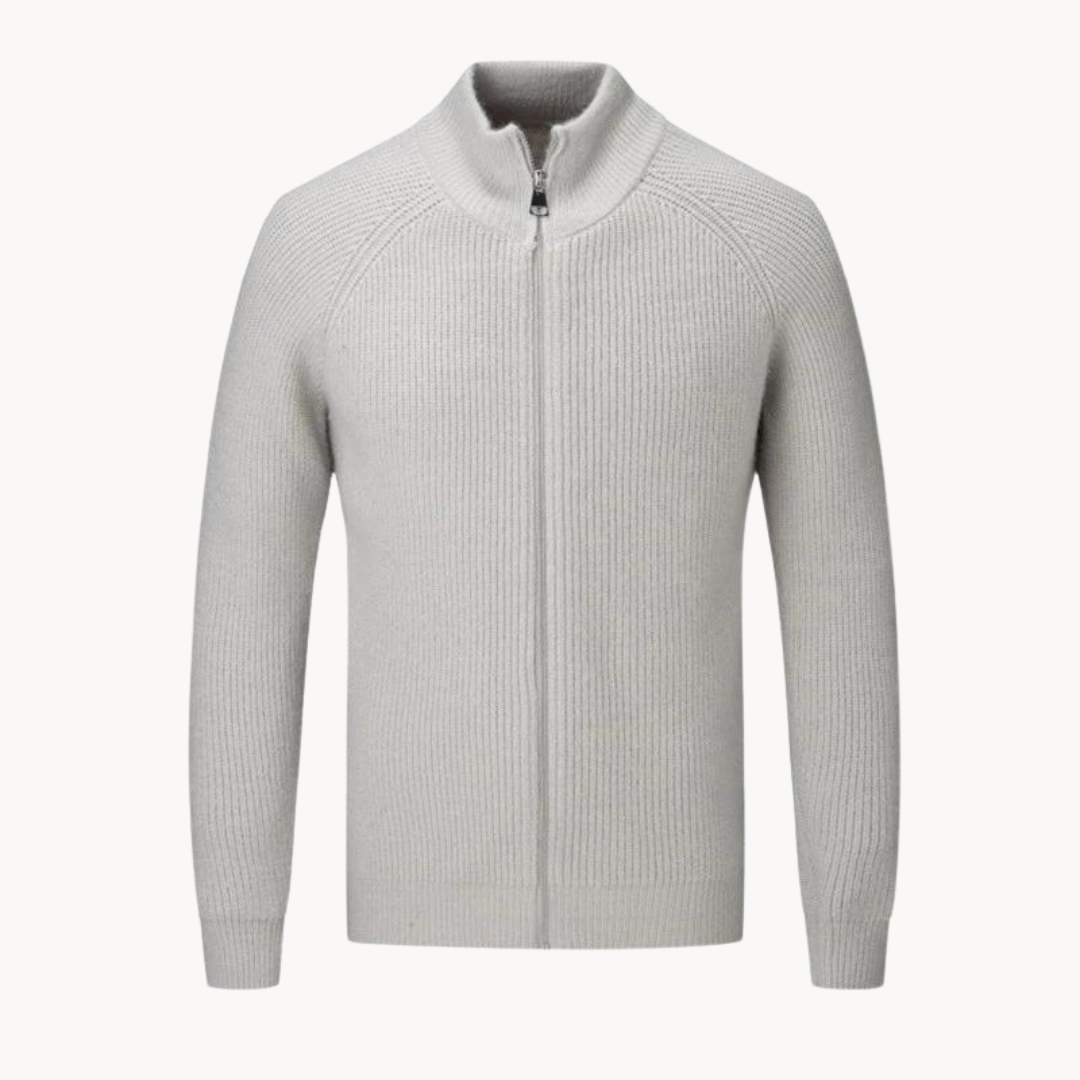 Full Zip Knit Jacket - Ribbed Texture High Collar