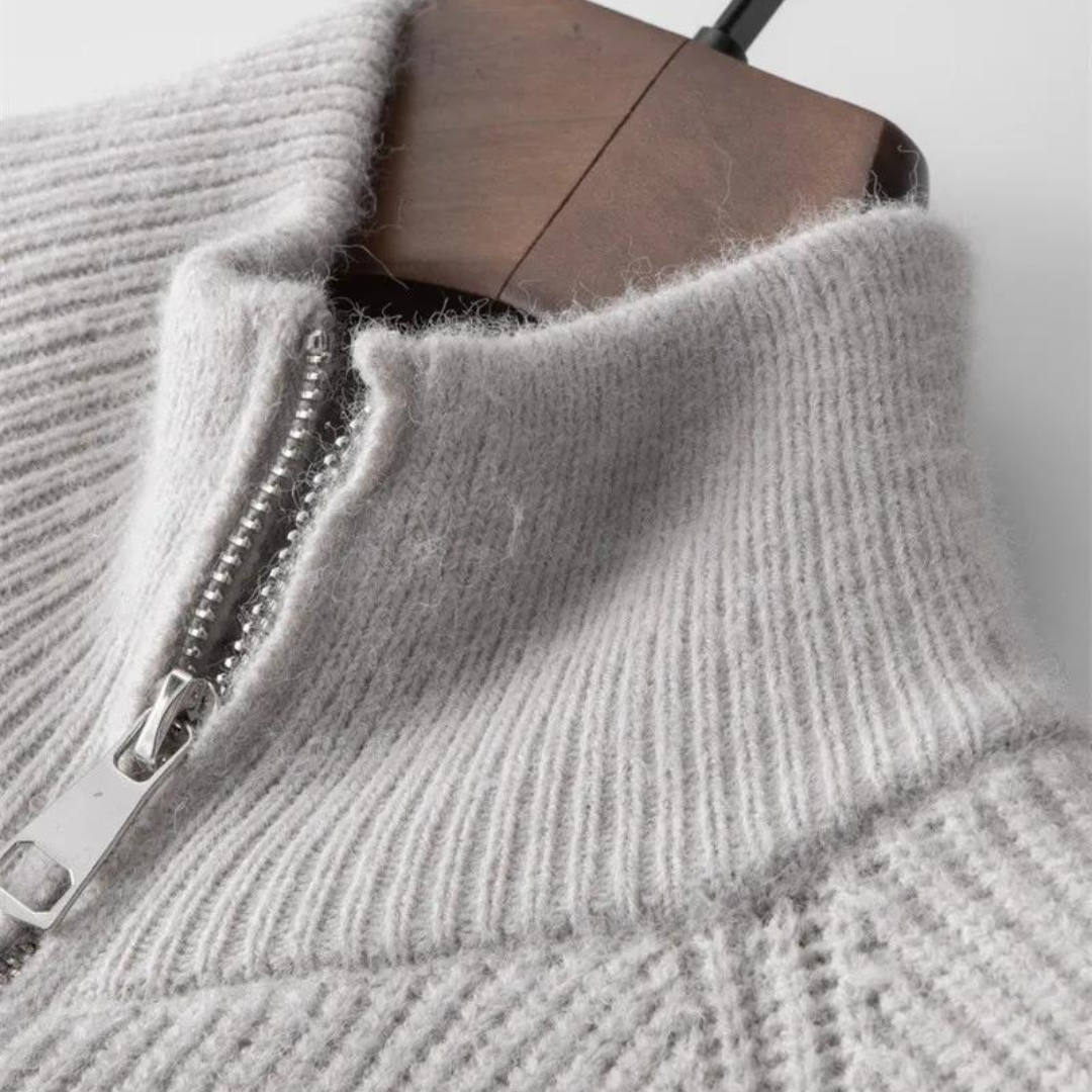 Full Zip Knit Jacket - Ribbed Texture High Collar