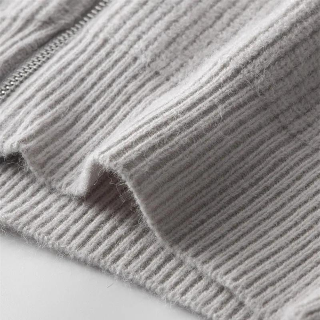 Full Zip Knit Jacket - Ribbed Texture High Collar