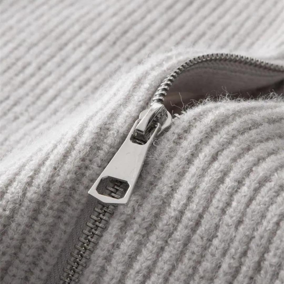 Full Zip Knit Jacket - Ribbed Texture High Collar