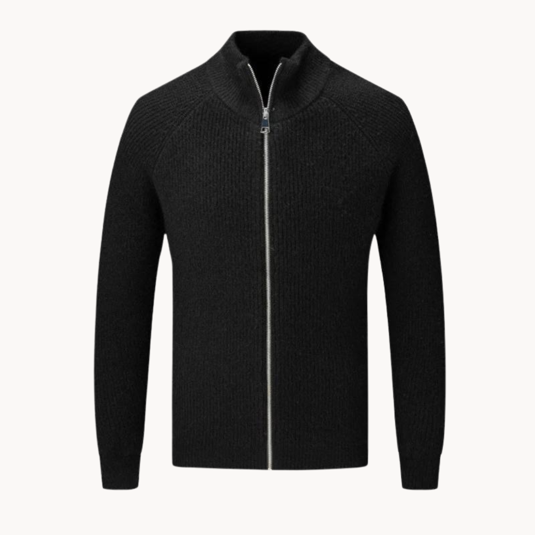 Full Zip Knit Jacket - Ribbed Texture High Collar
