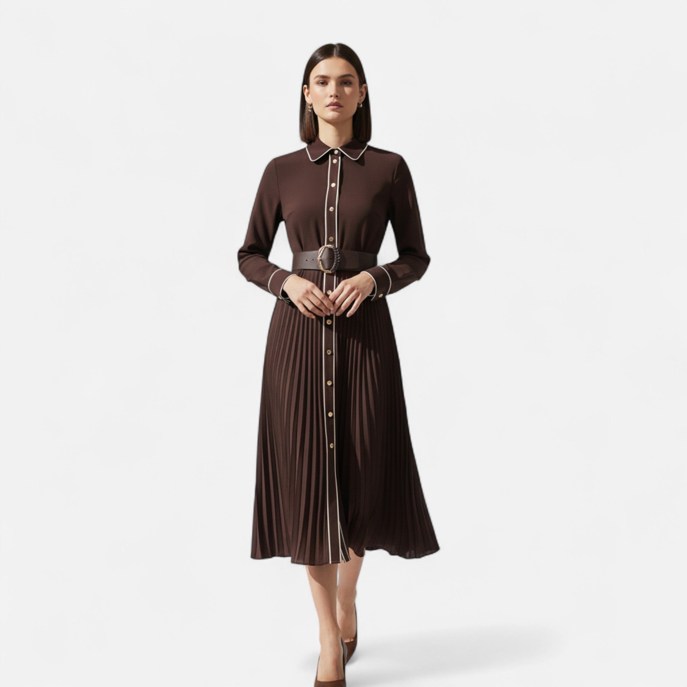 Women’s Chiffon Dress | Pleated Midi Shirt Dress With Belt