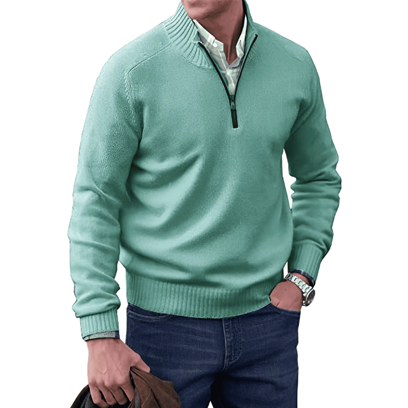 Quarter Zip Sweater - Ribbed Collar and Long Sleeve Design