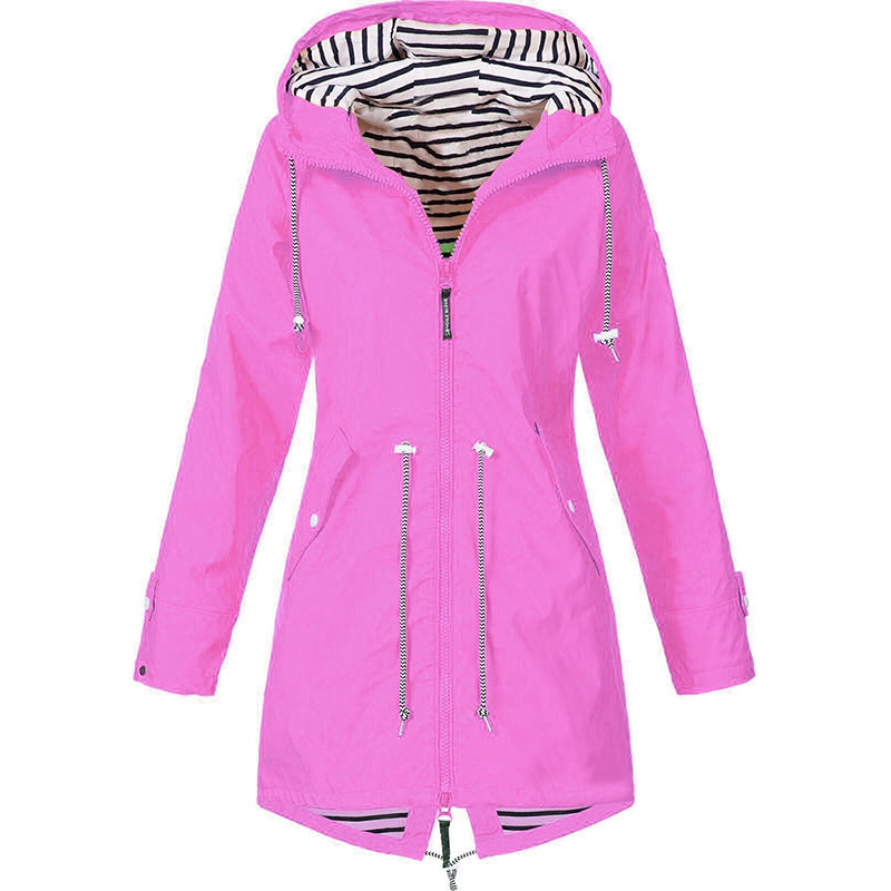 Hooded Rain Jacket - Drawstring Waist with Zip Front