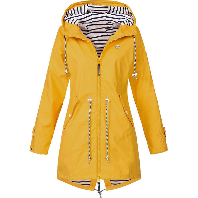 Hooded Rain Jacket - Drawstring Waist with Zip Front