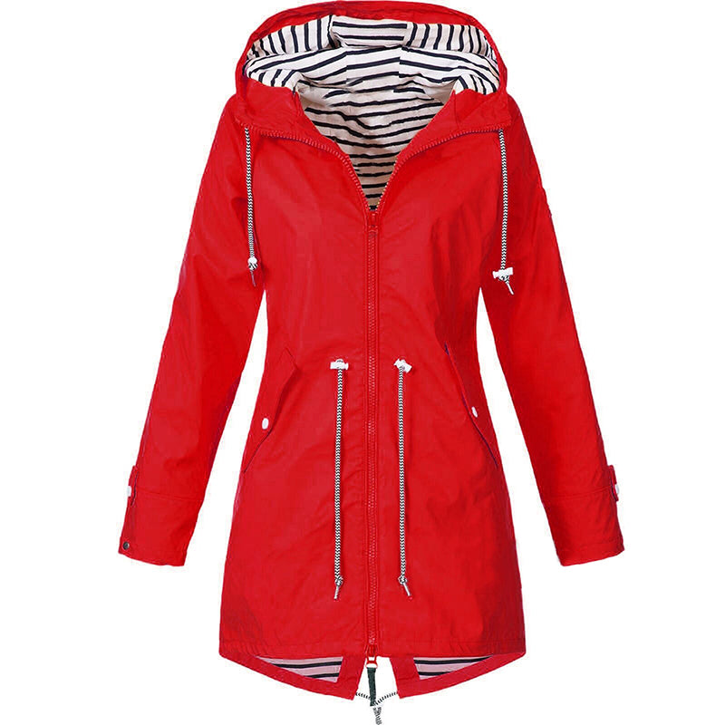 Hooded Rain Jacket - Drawstring Waist with Zip Front