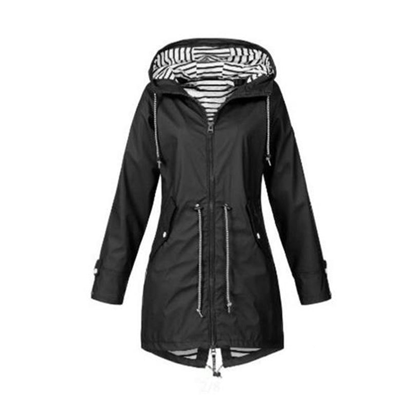 Hooded Rain Jacket - Drawstring Waist with Zip Front