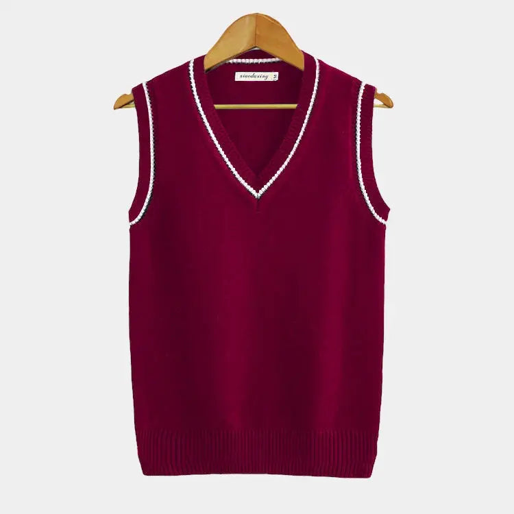 Knitted Sweater Vest - V Neck with Ribbed Trim