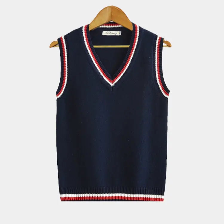 Knitted Sweater Vest - V Neck with Ribbed Trim