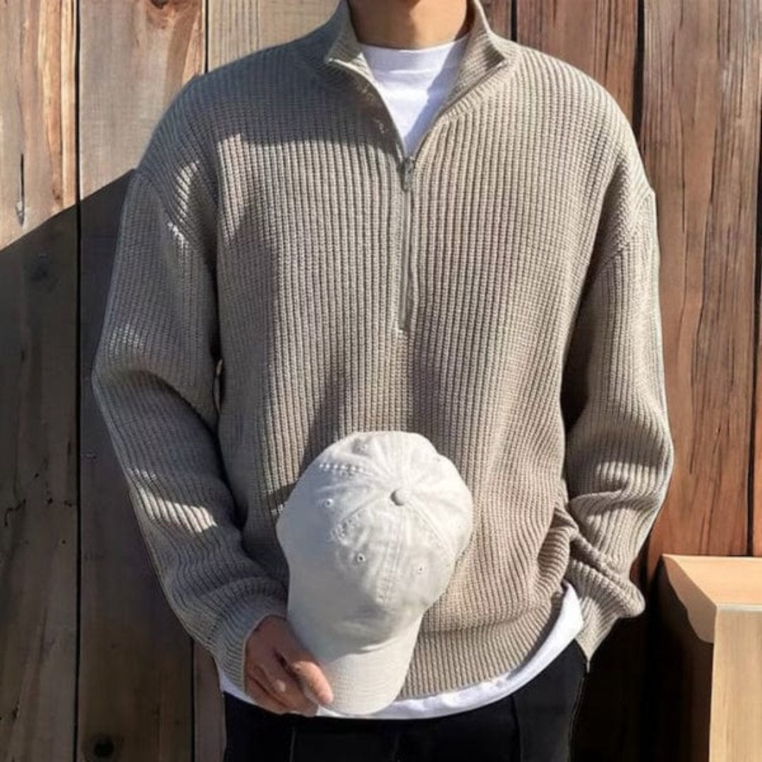 Half Zip Jumper - Relaxed Fit Ribbed Knit