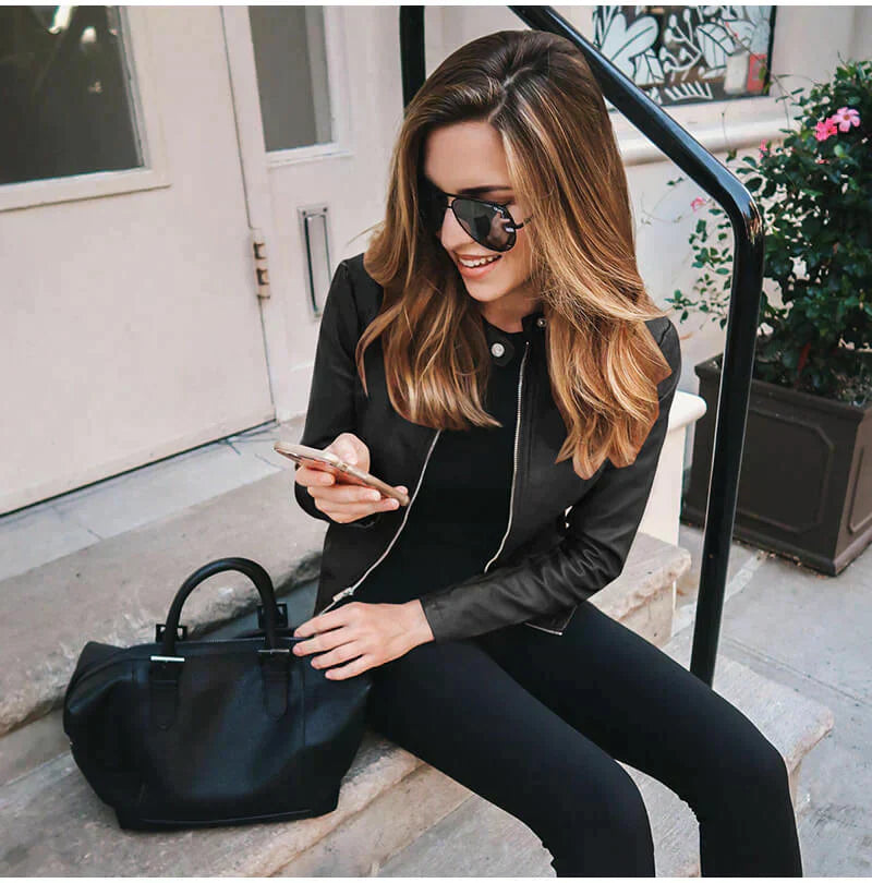 Fitted Biker Jacket - Zip Front Stand Collar