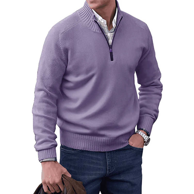 Quarter Zip Sweater - Ribbed Collar and Long Sleeve Design
