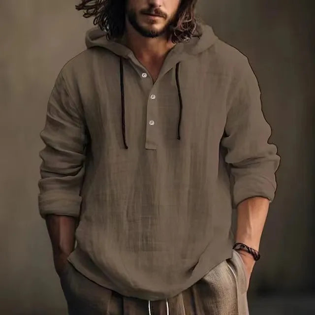 Long Sleeve Hoodie Shirt - Pullover with Button Neckline
