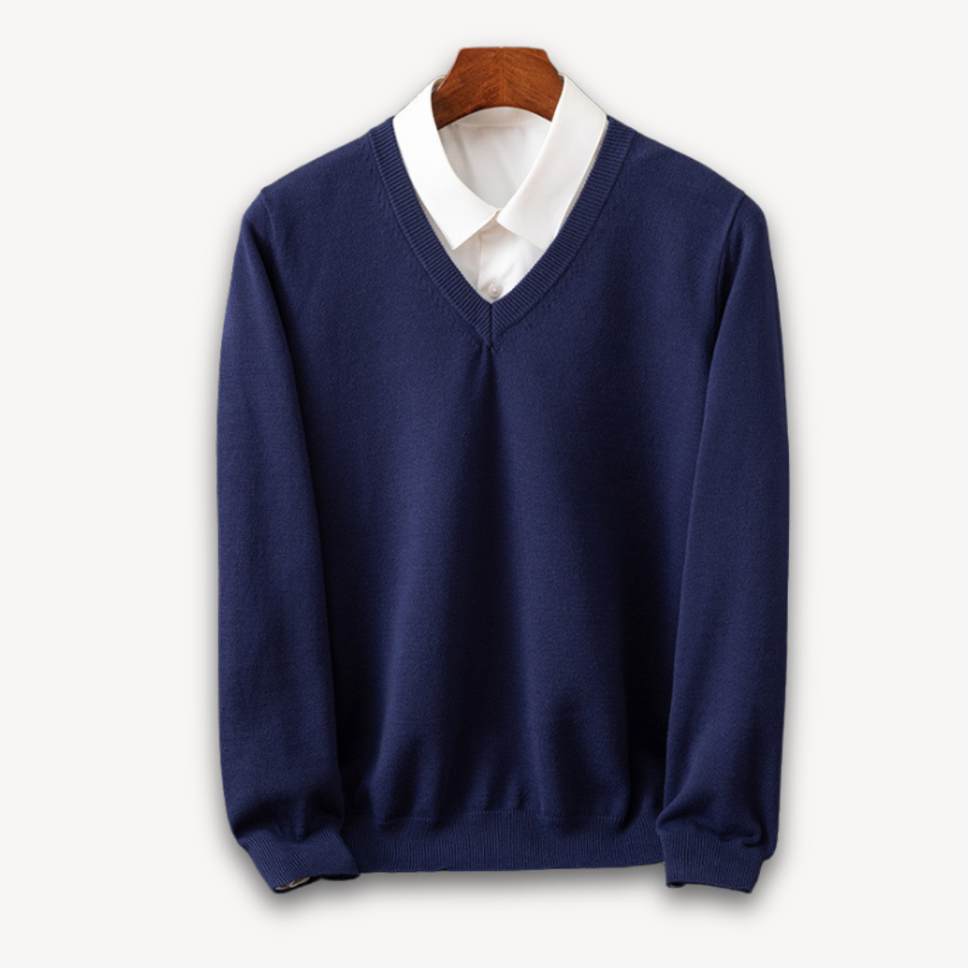 V Neck Pullover Jumper - Slim Fit Layered Collar Look
