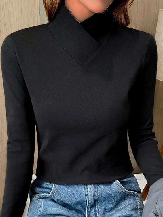 Long Sleeve Turtleneck Top - Slim Fit with Fold Collar