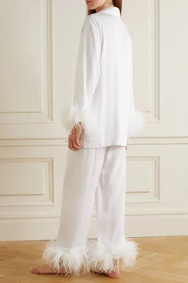 Pajama Set - Feather Trim Top and Relaxed Fit Bottoms