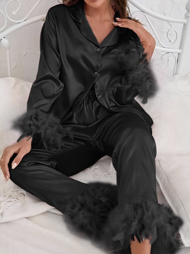 Pajama Set - Feather Trim Top and Relaxed Fit Bottoms