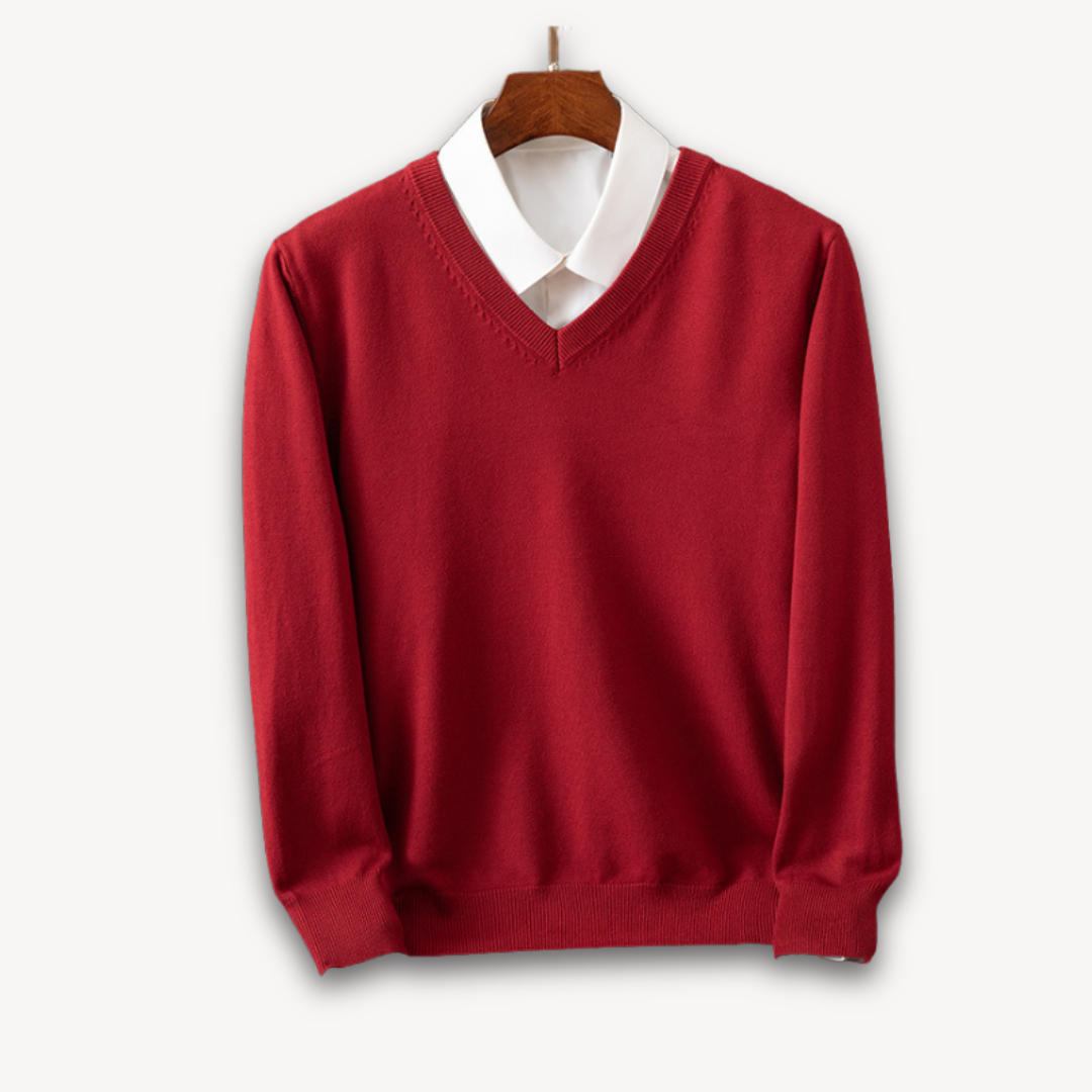 V Neck Pullover Jumper - Slim Fit Layered Collar Look