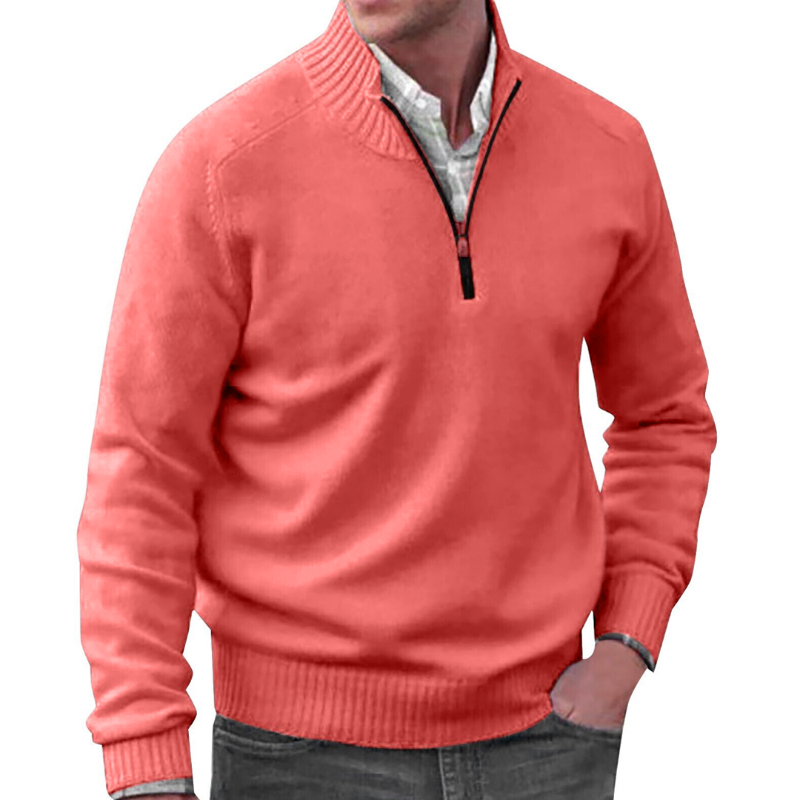 Quarter Zip Sweater - Ribbed Collar and Long Sleeve Design