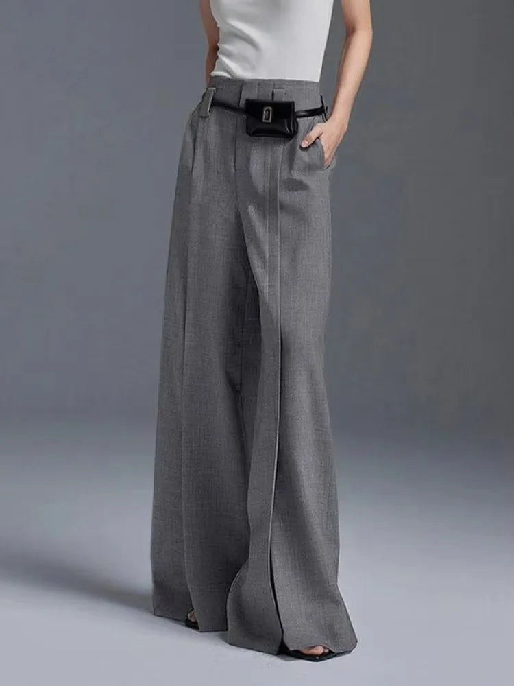 Wide Leg Pants - Front Slit High Waist