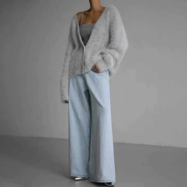 V Neck Knit Cardigan - Relaxed Fit with Buttons