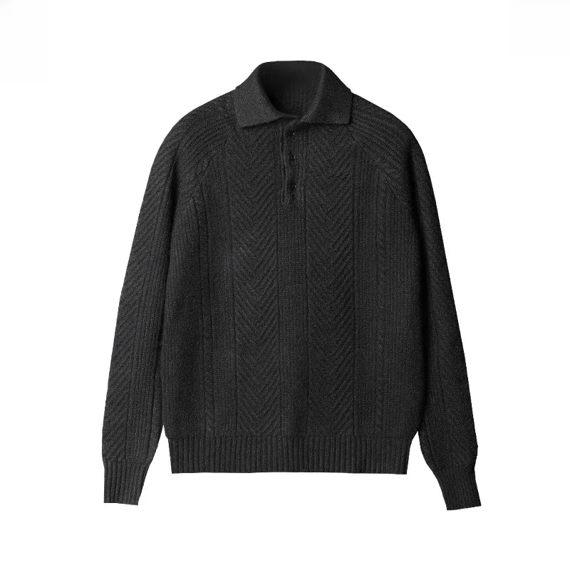 Long Sleeve Knit Polo Shirt - Classic Fit with Button Neck
