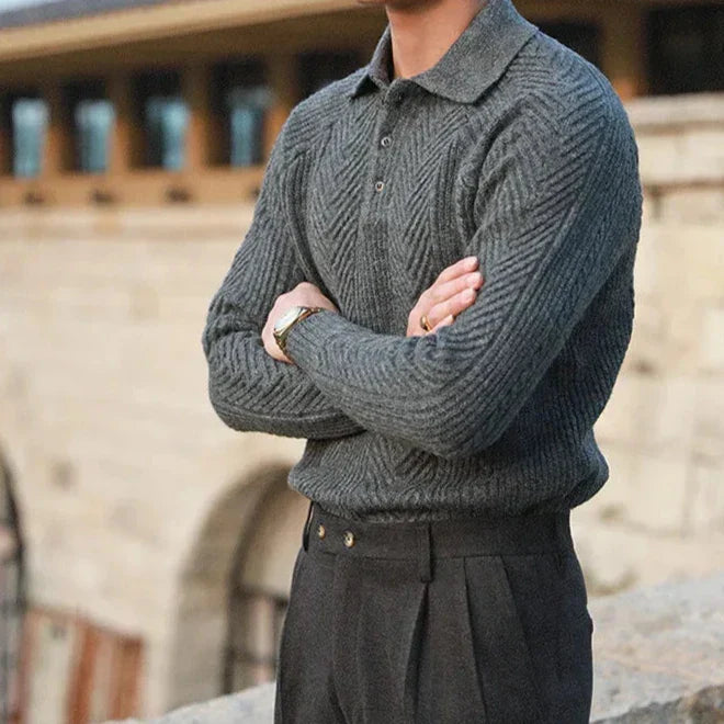 Long Sleeve Knit Polo Shirt - Classic Fit with Button Neck