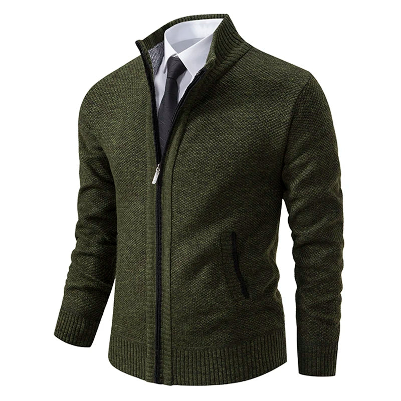 Full Zip Knitted Jacket - Ribbed Trim and Stand Collar