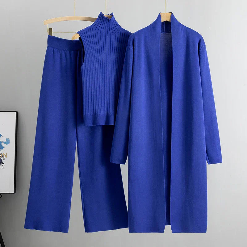 3 Piece Lounge Set - Long Cardigan with Sleeveless Top and Trousers